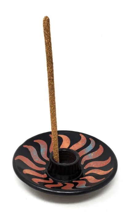 Earrings New Age Imports Inc Ceramic Burner Peruvian 5 inches deep Black and Brown Sun Pattern