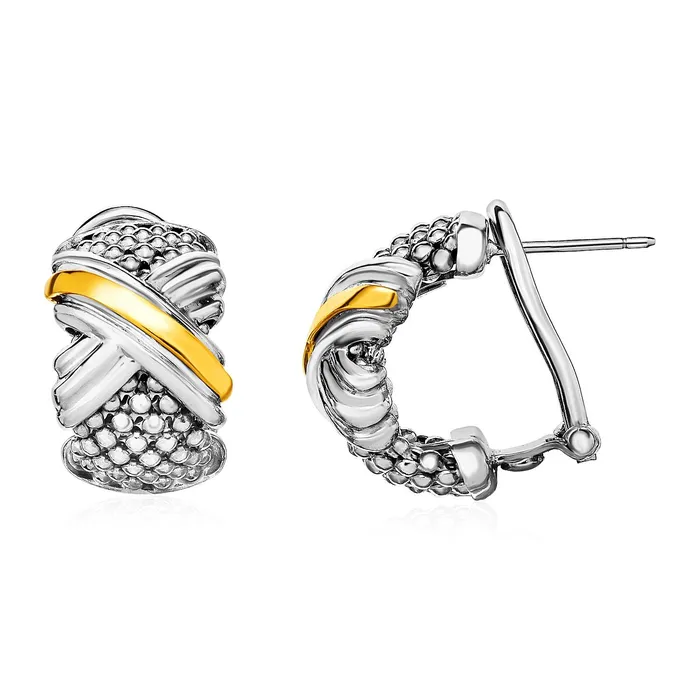 Earrings Popcorn Texture Earrings with X Motif in Sterling Silver and 18k Yellow Gold MayaMila Earrings Popcorn Texture Earrings with X Motif in Sterling Silver and 18k Yellow Gold MayaMila