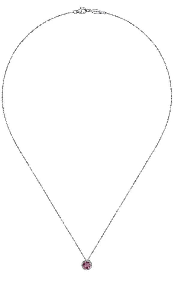 GABRIEL CO Necklaces GABRIELCO14K White Gold Ruby and Diamond Halo Pendant Necklace NK2824W45RA