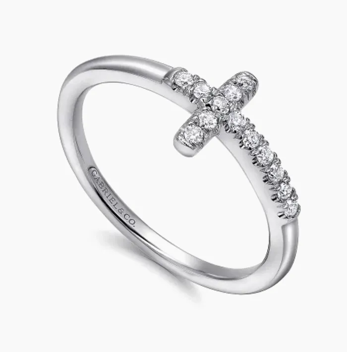 GABRIEL CO Rings GABRIELCo14K White Gold Sideways Diamond Cross Ring LR50221W45JJ