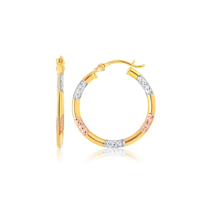 MayaMila Earrings 10k TriColor Gold Classic Hoop Earrings with Diamond Cut Details MayaMila Earrings 10k TriColor Gold Classic Hoop Earrings with Diamond Cut Details