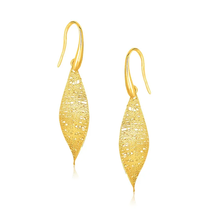 MayaMila Earrings 14k Yellow Gold Textured Weave Leaf Design Earrings