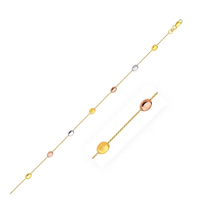 MayaMila Rings 14k TriColor Gold Puffed Oval Shape Station Adjustable Anklet MayaMila Rings 14k TriColor Gold Puffed Oval Shape Station Adjustable Anklet