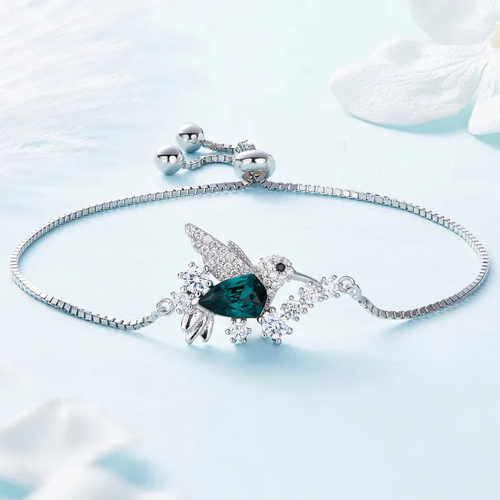 Mystic Flavia Green Bird Swarovski Crystal Silver Bracelet Bracelets