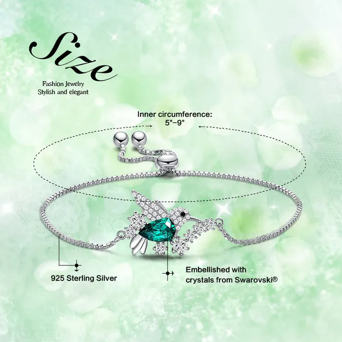 Mystic Flavia Green Bird Swarovski Crystal Silver Bracelet Bracelets
