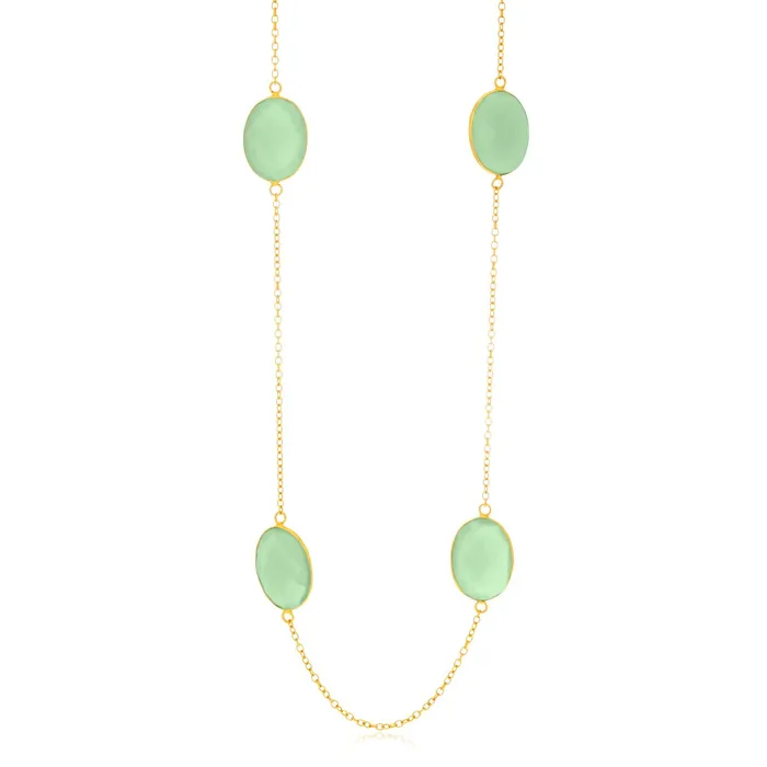 Necklaces MayaMila Sterling Silver Yellow Gold Plated Oval Aqua Chalcedony Station Chain Necklace Necklaces MayaMila Sterling Silver Yellow Gold Plated Oval Aqua Chalcedony Station Chain Necklace