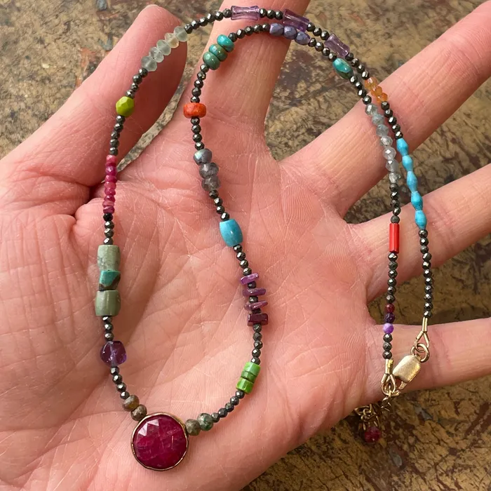Necklaces Riverstone Tiny Hematite with Ruby Pendant Necklaces Riverstone Tiny Hematite with Ruby Pendant