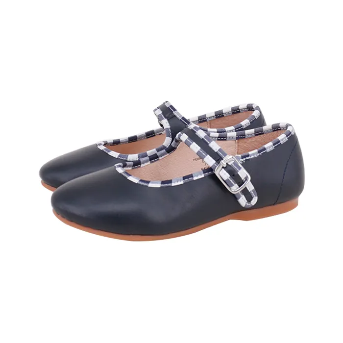 Perroquet Leather Mary Janes with Gingham Trim Navy Perroquet Shoes Necklaces Perroquet Leather Mary Janes with Gingham Trim Navy Perroquet Shoes Necklaces