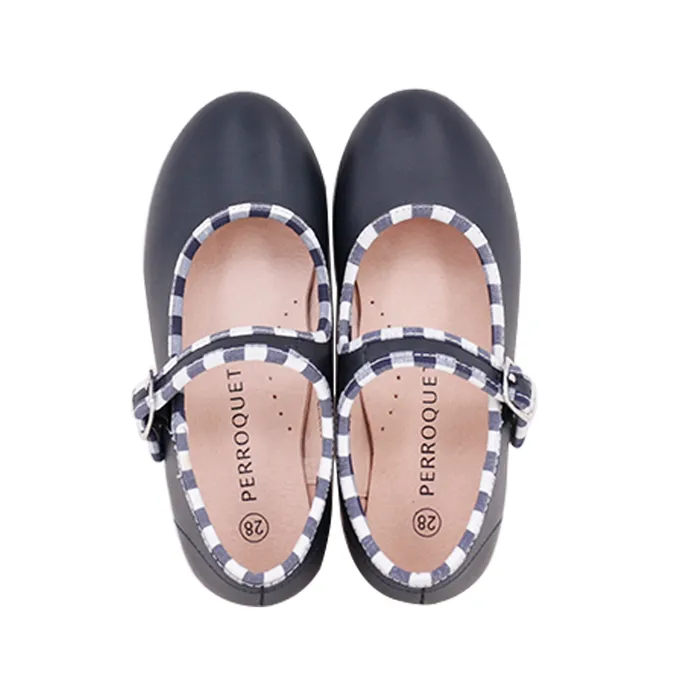 Perroquet Leather Mary Janes with Gingham Trim Navy Perroquet Shoes Necklaces