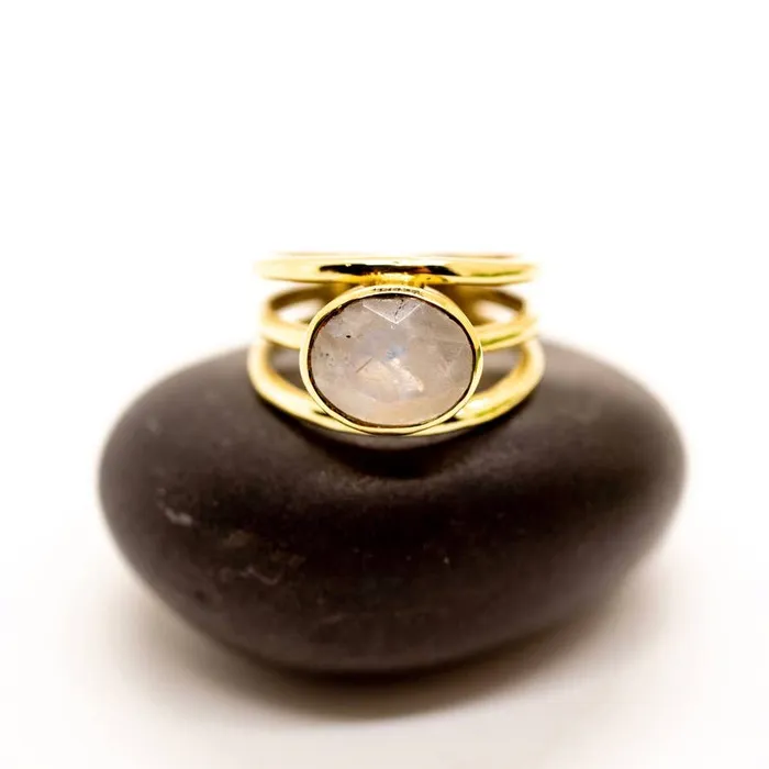 Rings Baizaar Brass Moonstone Triple Band Ring
