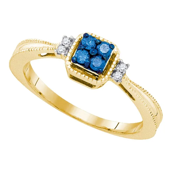 Rings mayamila 10kt Yellow Gold Womens Round Blue Color Enhanced Diamond Simple Cluster Ring 16 Cttw