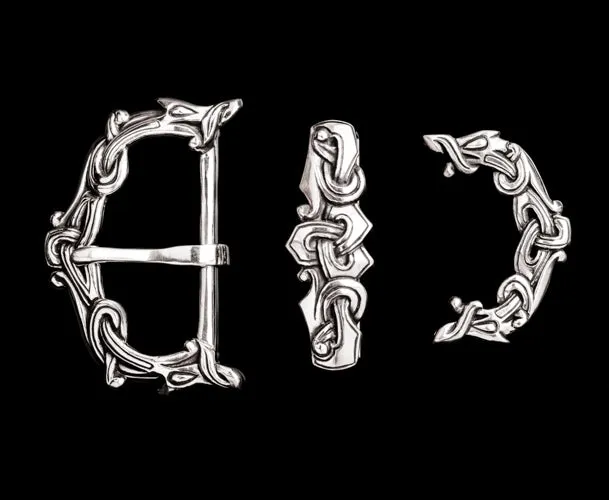 Rings Northan Viking Silver Three Piece Belt Set With Wolf Heads Ringerike Style