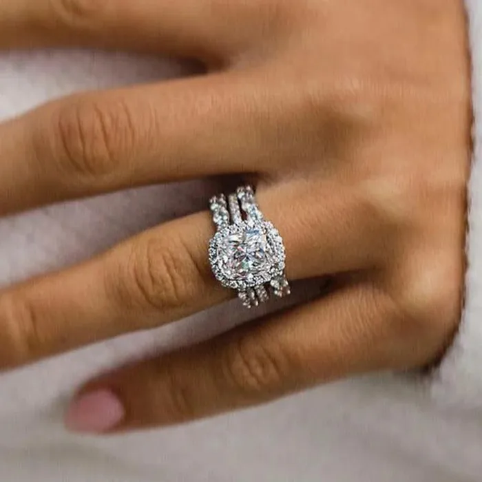 Rings Shineofdiamond 3PCS Cushion Cut Halo Sterling Silver Wedding Set