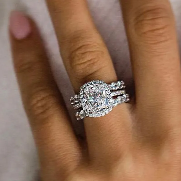 Rings Shineofdiamond 3PCS Cushion Cut Halo Sterling Silver Wedding Set
