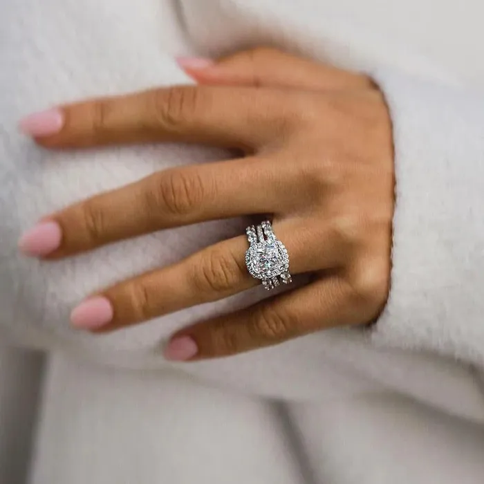 Rings Shineofdiamond 3PCS Cushion Cut Halo Sterling Silver Wedding Set