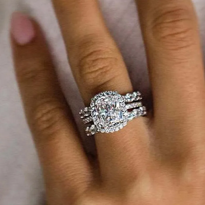 Rings Shineofdiamond 3PCS Cushion Cut Halo Sterling Silver Wedding Set