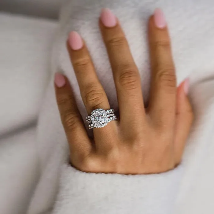 Rings Shineofdiamond 3PCS Cushion Cut Halo Sterling Silver Wedding Set
