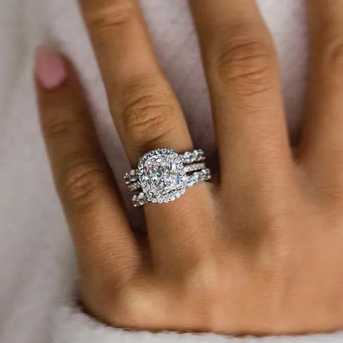 Rings Shineofdiamond 3PCS Cushion Cut Halo Sterling Silver Wedding Set