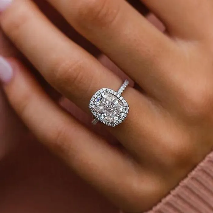 Rings Shineofdiamond 3PCS Cushion Cut Halo Sterling Silver Wedding Set