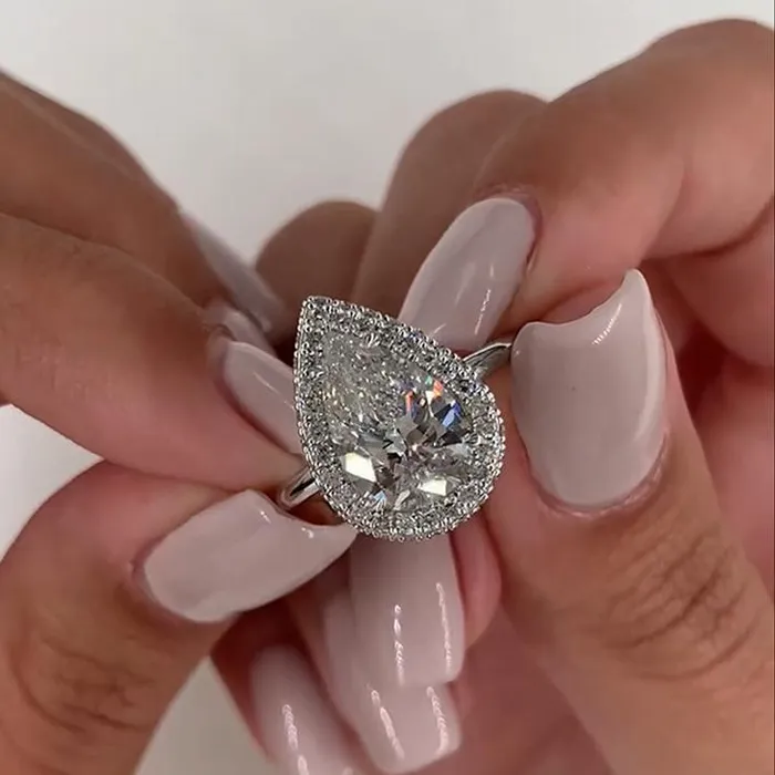 Rings Shineofidamond Classic Halo Pear Cut Engagement Ring in Sterling Silver Rings Shineofidamond Classic Halo Pear Cut Engagement Ring in Sterling Silver