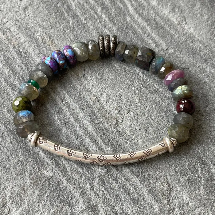 Riverstone Bracelets Labradorite and stamped Silver tube bracelet