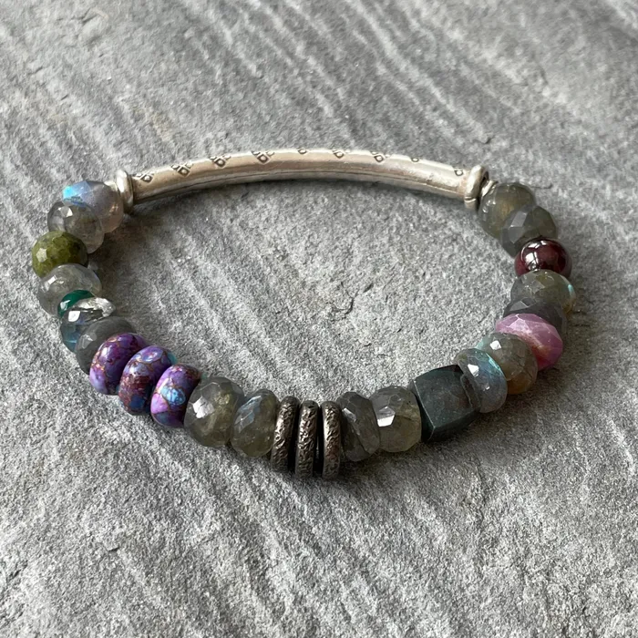 Riverstone Bracelets Labradorite and stamped Silver tube bracelet Riverstone Bracelets Labradorite and stamped Silver tube bracelet