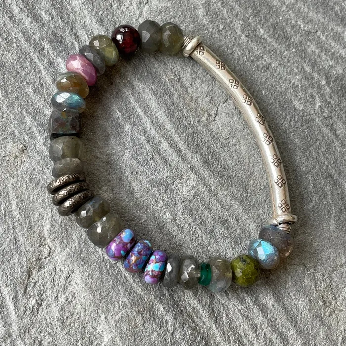 Riverstone Bracelets Labradorite and stamped Silver tube bracelet Riverstone Bracelets Labradorite and stamped Silver tube bracelet