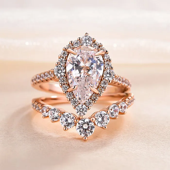Sale Rose Golden Tone Pear Cut 40 CT Sterling Silver Bridal Set shineofdiamond Rings Sale Rose Golden Tone Pear Cut 40 CT Sterling Silver Bridal Set shineofdiamond Rings