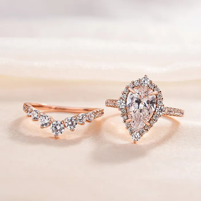 Sale Rose Golden Tone Pear Cut 40 CT Sterling Silver Bridal Set shineofdiamond Rings