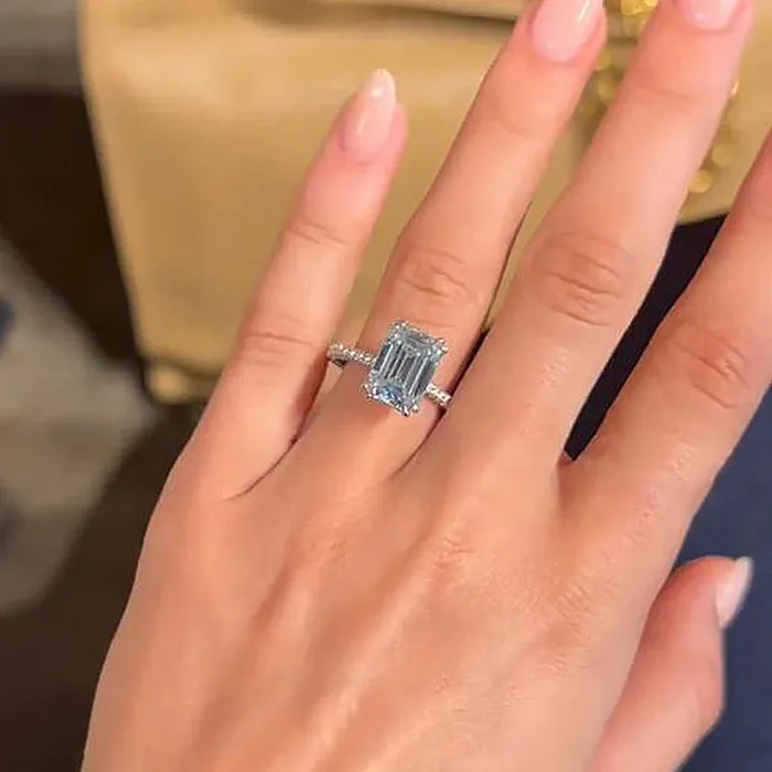 shine of diamond Rings Classic 4Prong Emerald Cut Engagement Ring In Sterling Silver shine of diamond Rings Classic 4Prong Emerald Cut Engagement Ring In Sterling Silver