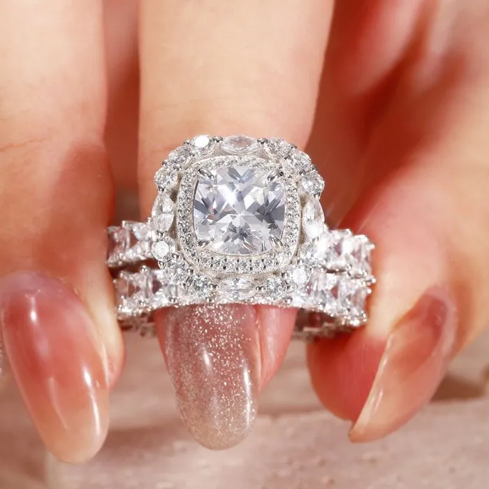 Shineofdiamond 20CT Double Halo Cushion Cut Sterling Silver Wedding Bridal Set Rings Shineofdiamond 20CT Double Halo Cushion Cut Sterling Silver Wedding Bridal Set Rings