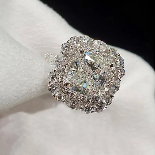 Shineofdiamond 20CT Double Halo Cushion Cut Sterling Silver Wedding Bridal Set Rings