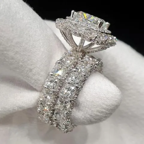 Shineofdiamond 20CT Double Halo Cushion Cut Sterling Silver Wedding Bridal Set Rings