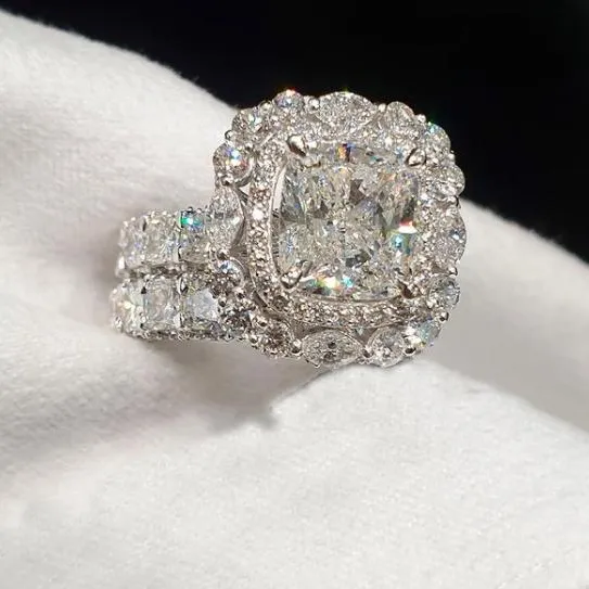 Shineofdiamond 20CT Double Halo Cushion Cut Sterling Silver Wedding Bridal Set Rings