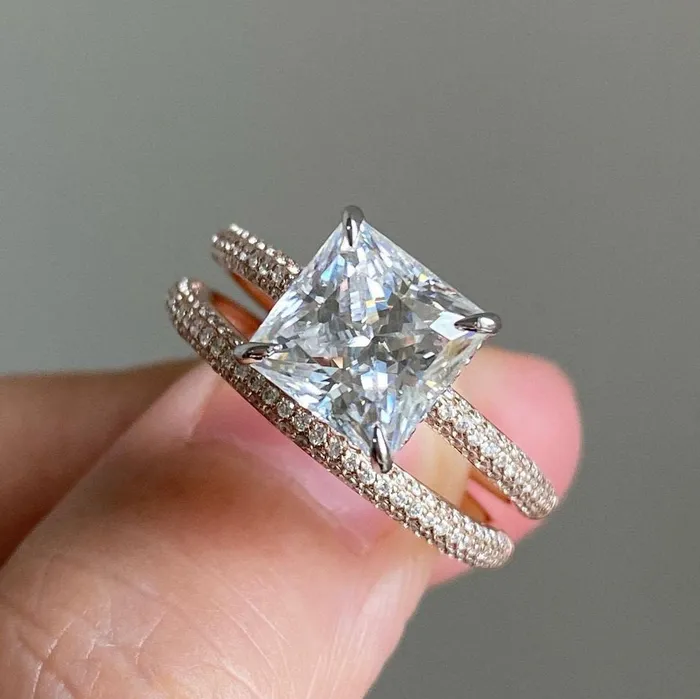 shineofdiamond Rings 2Pcs Princess Cut Pave Bridal Ring Set in Sterling Silver