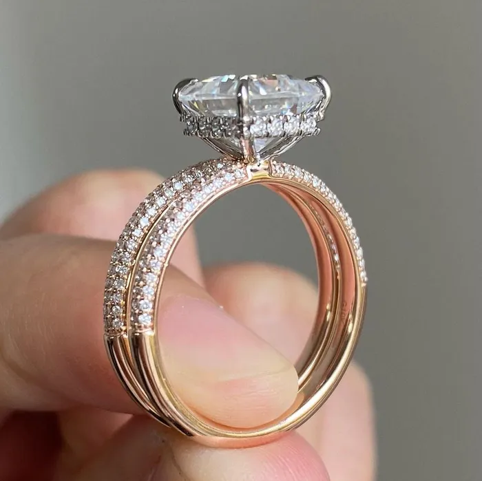 shineofdiamond Rings 2Pcs Princess Cut Pave Bridal Ring Set in Sterling Silver