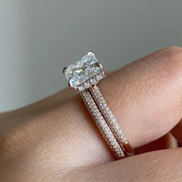shineofdiamond Rings 2Pcs Princess Cut Pave Bridal Ring Set in Sterling Silver