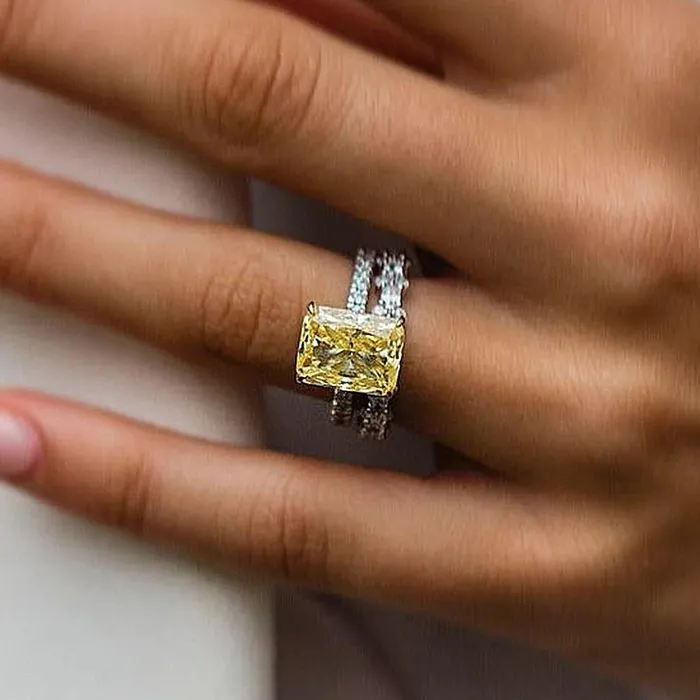 Shineofdiamond Rings Yellow Radiant Cut Bridal Sets In Sterling Silver