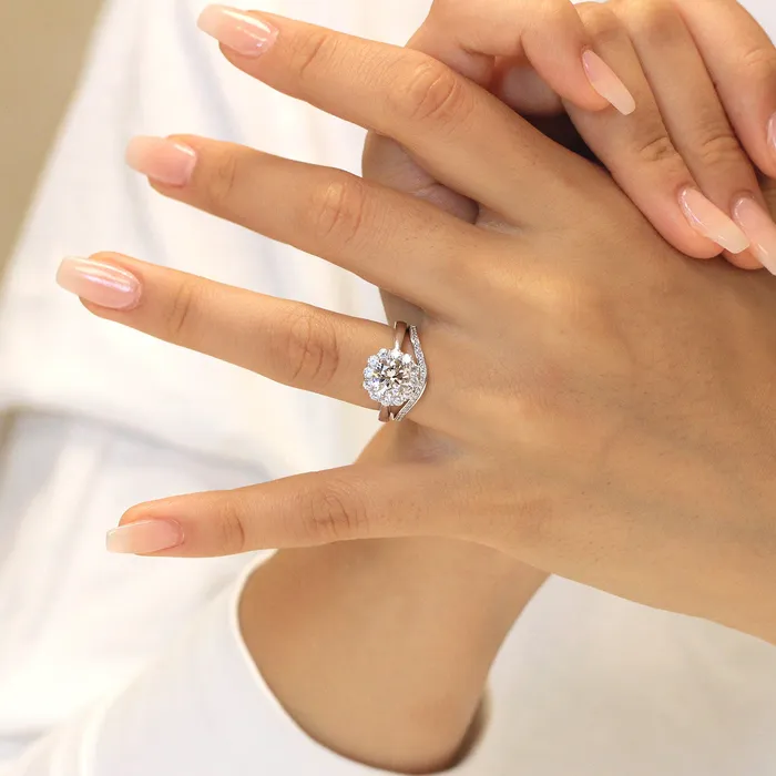 Shineofdiamond Round Cut Halo Floral Bridal Set Ring in Sterling Silver Rings Shineofdiamond Round Cut Halo Floral Bridal Set Ring in Sterling Silver Rings