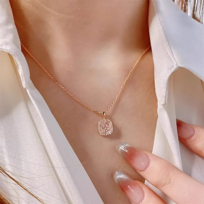 Shineofidamond Necklaces 2CT Cushion Cut Halo Pink White Adjustable Necklace