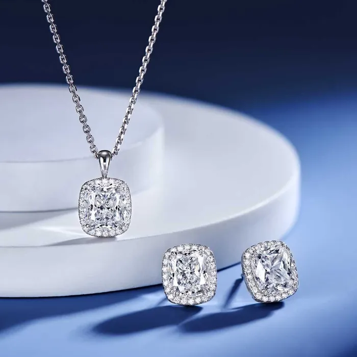 Shineofidamond Necklaces 2CT Cushion Cut Halo Pink White Adjustable Necklace