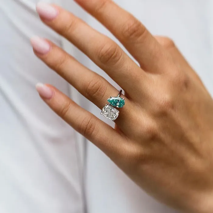 Shineofidamond Rings Two Stone Pear Cut Cushion Cut Engagement Ring in Sterling Silver