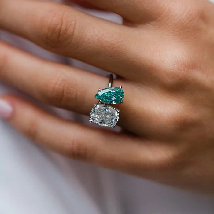Shineofidamond Rings Two Stone Pear Cut Cushion Cut Engagement Ring in Sterling Silver