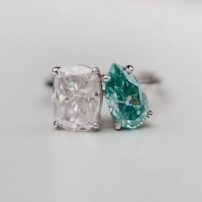 Shineofidamond Rings Two Stone Pear Cut Cushion Cut Engagement Ring in Sterling Silver