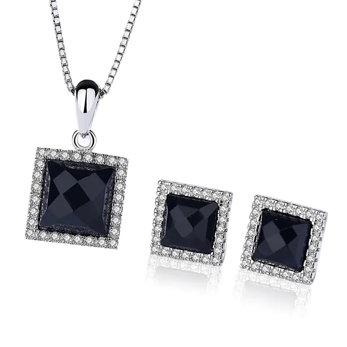 Square Black Agate White Zircon Silver Necklace Set Mystic Flavia Necklaces