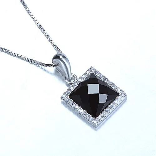 Square Black Agate White Zircon Silver Necklace Set Mystic Flavia Necklaces