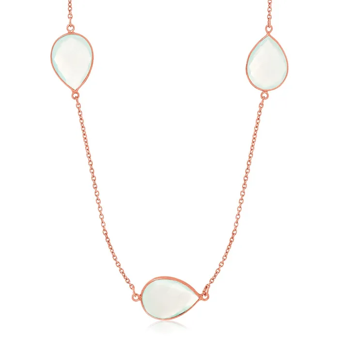 Sterling Silver Rose Gold Plated Teardrop Station Necklace with Aqua Chalcedony MayaMila Necklaces Sterling Silver Rose Gold Plated Teardrop Station Necklace with Aqua Chalcedony MayaMila Necklaces