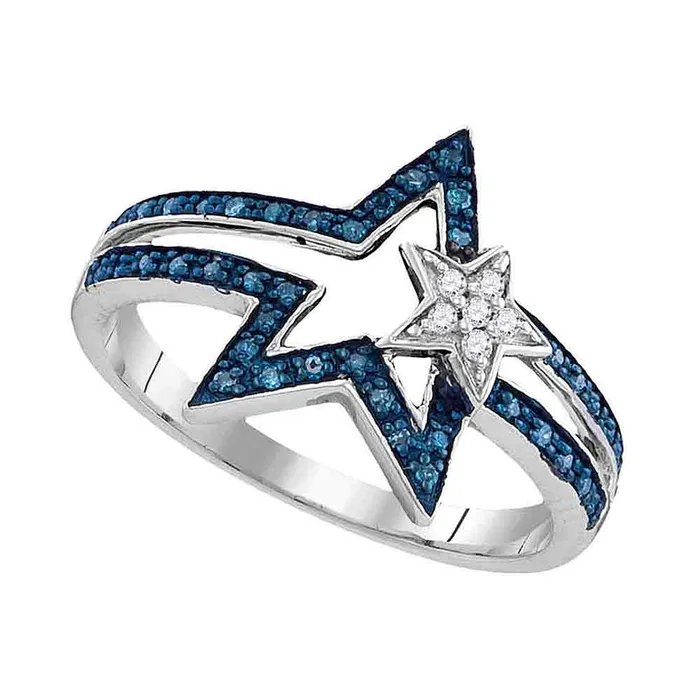 Sterling Silver Womens Round Blue Color Enhanced Diamond Double Star Ring 16 Cttw mayamila Rings Sterling Silver Womens Round Blue Color Enhanced Diamond Double Star Ring 16 Cttw mayamila Rings