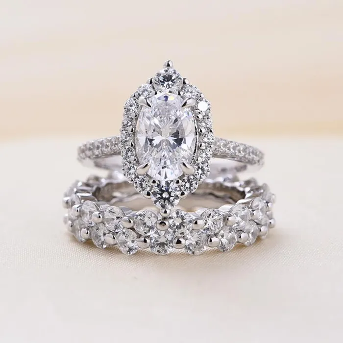 Unique Design Oval Cut 3Piece Sterling Silver Bridal Set shineofdiamond Rings Unique Design Oval Cut 3Piece Sterling Silver Bridal Set shineofdiamond Rings