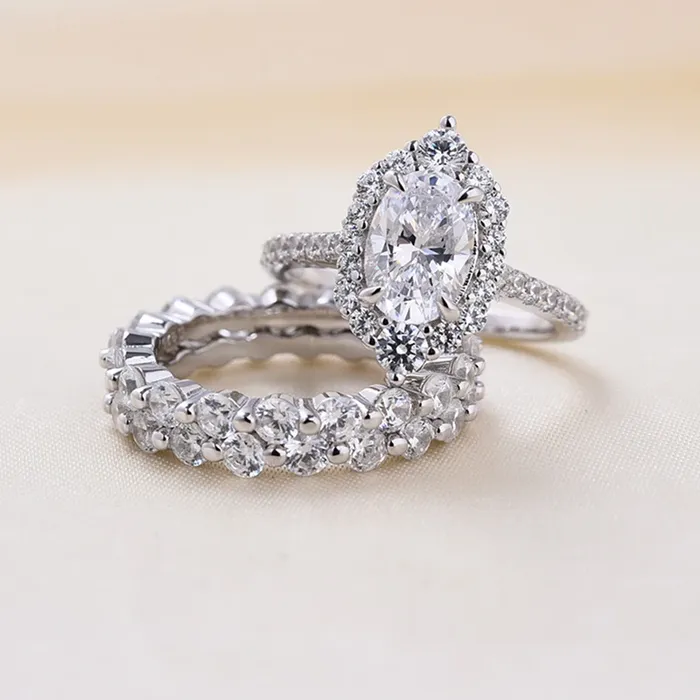Unique Design Oval Cut 3Piece Sterling Silver Bridal Set shineofdiamond Rings Unique Design Oval Cut 3Piece Sterling Silver Bridal Set shineofdiamond Rings